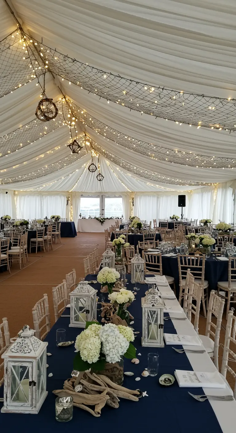 Tente de mariage avec plafond décoré de filets, voilages et guirlandes lumineuses.