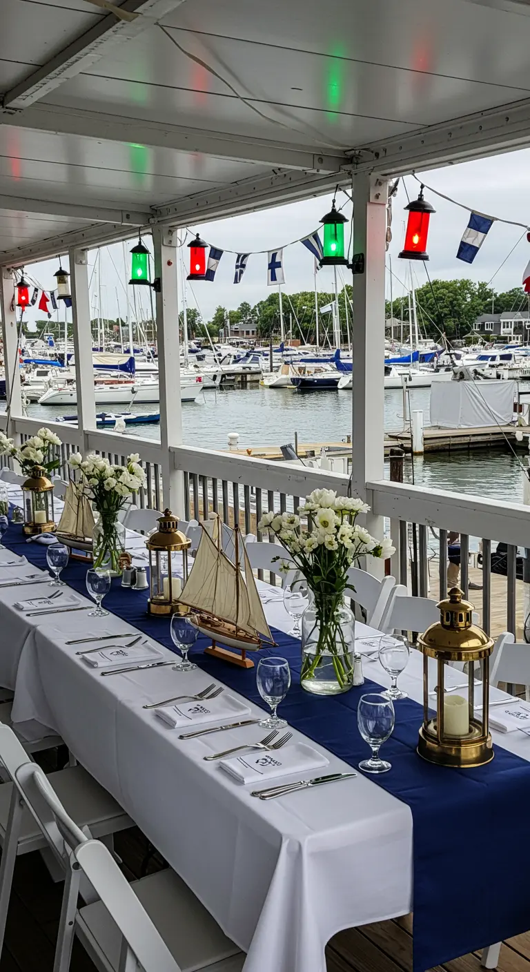 Longue table de dîner sur un ponton de marina avec décorations nautiques, fleurs blanches et lanternes dorées.