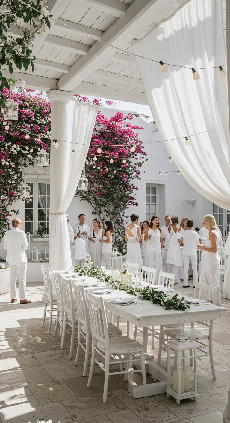 Terrasse en bois blanc avec un phare, tables dressées, lanternes maritimes et décorations en corde.