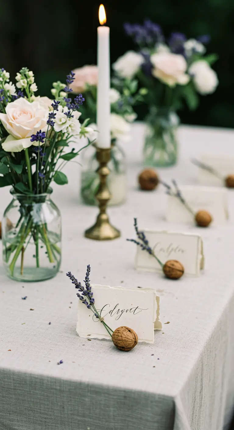 Marque-places calligraphiés avec un brin de lavande et une noix.