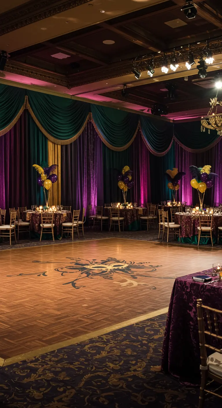 Grande salle décorée de draperies violettes, vertes et or avec une piste de danse sculptée.