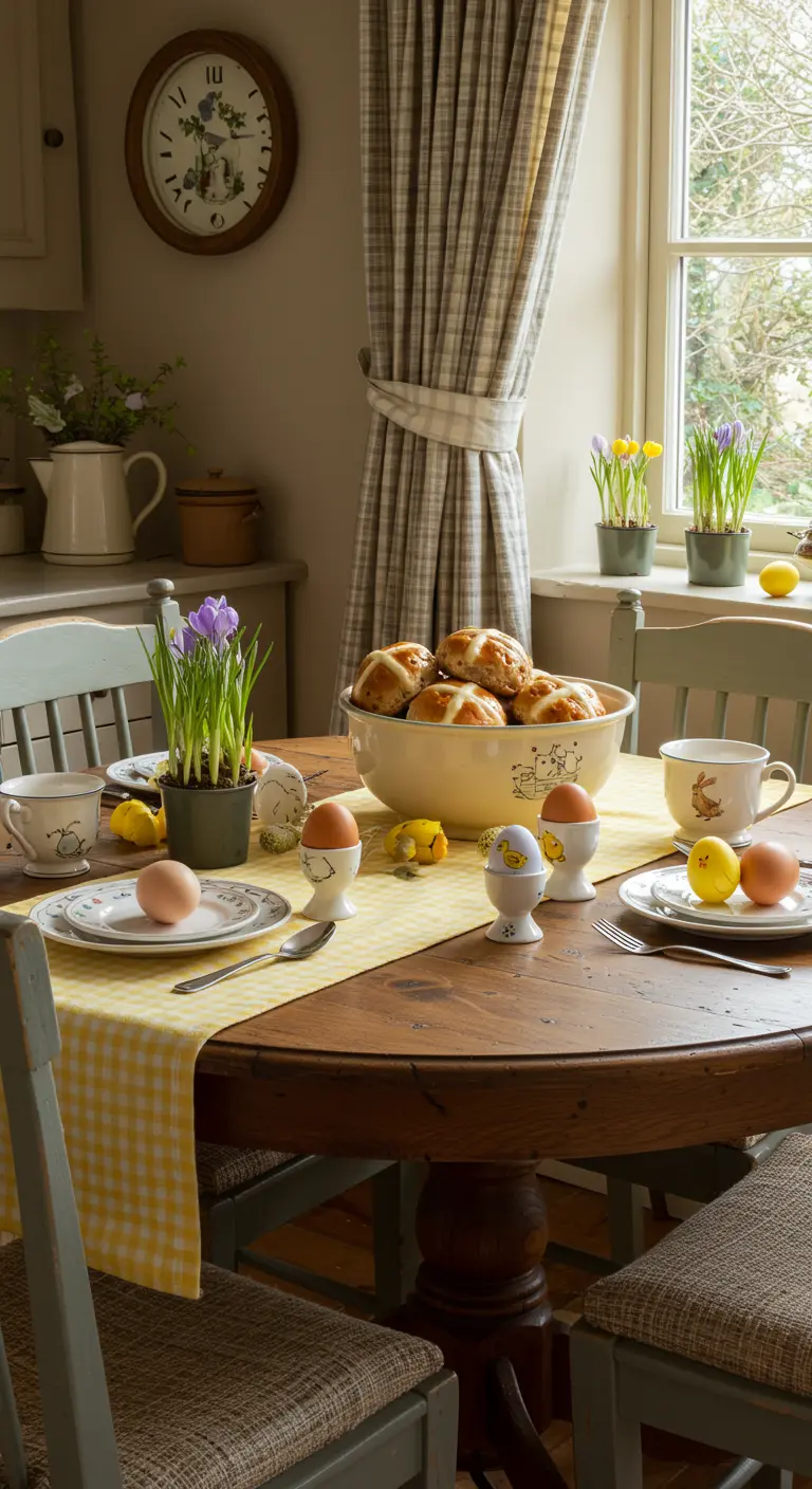 Table de petit-déjeuner de Pâques de style cottage avec une nappe à carreaux et des bulbes en pot.