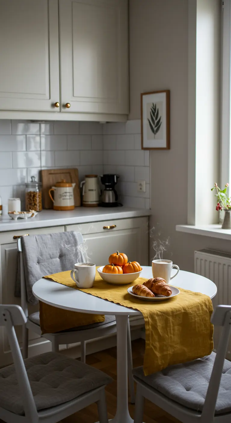 Petite table blanche avec chemin de table jaune safran et mini-citrouilles.