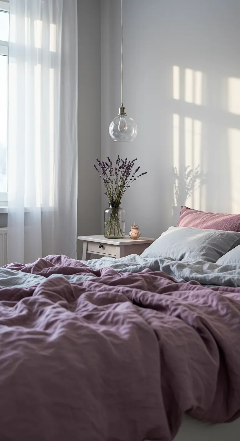 Lit confortable avec des draps en lin lavé de couleur mauve et grise dans une chambre lumineuse.