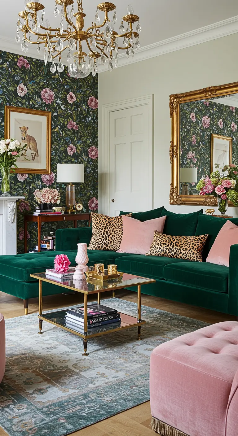 Canapé en velours vert émeraude avec des coussins à imprimé léopard et rose poudré.