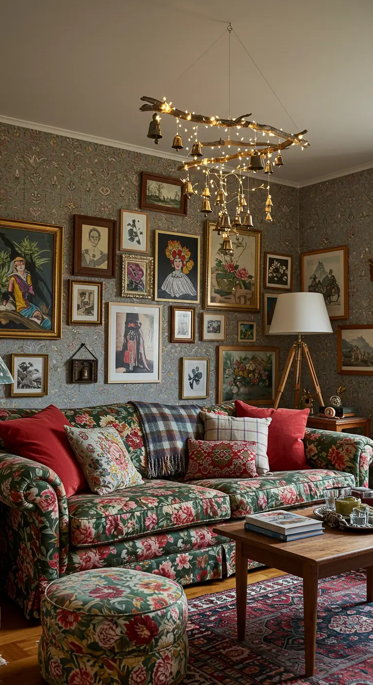 Salon éclectique avec un lustre en branche orné de clochettes et de lumières.