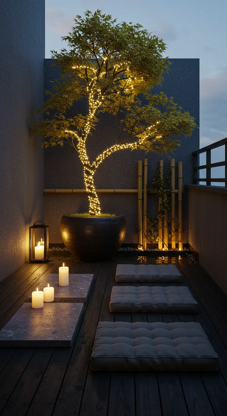 Balcon zen avec un arbre illuminé par une guirlande et des bougies au sol.