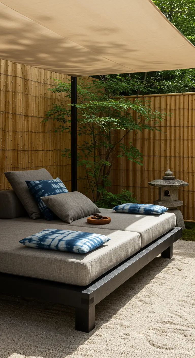 Lit de jour bas de style japonais dans un jardin de sable