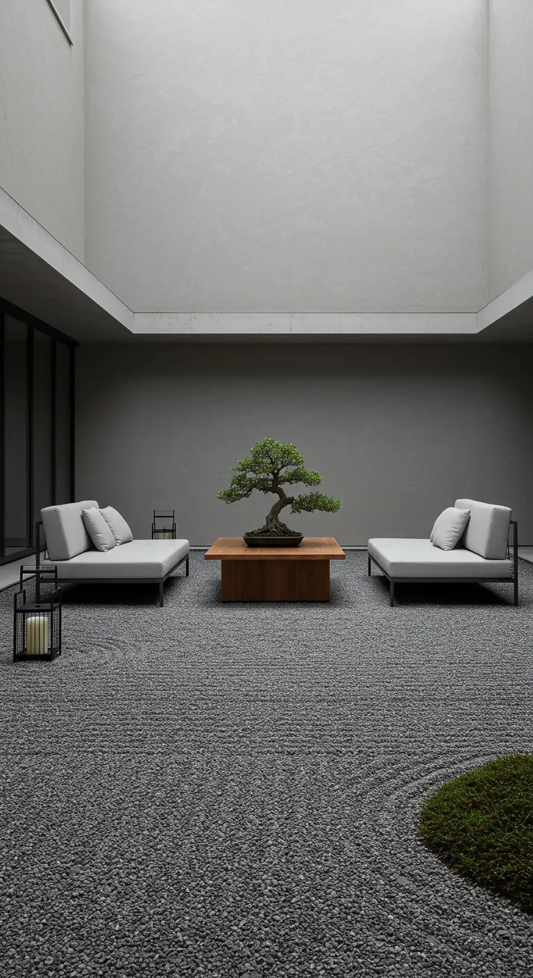 Deux méridiennes gris clair face à face dans un jardin zen avec un bonsaï.