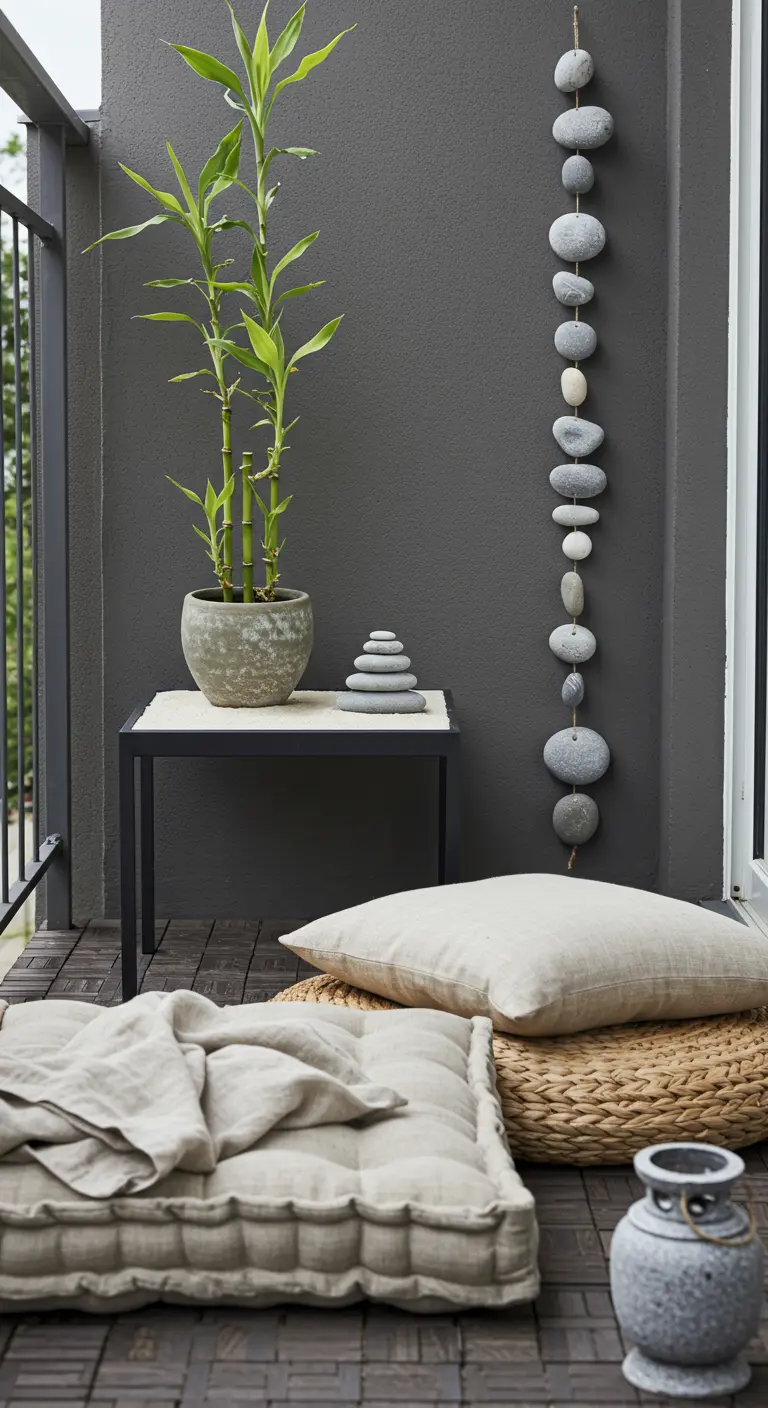 Balcon zen avec une plante de bambou, des galets et des coussins de sol.