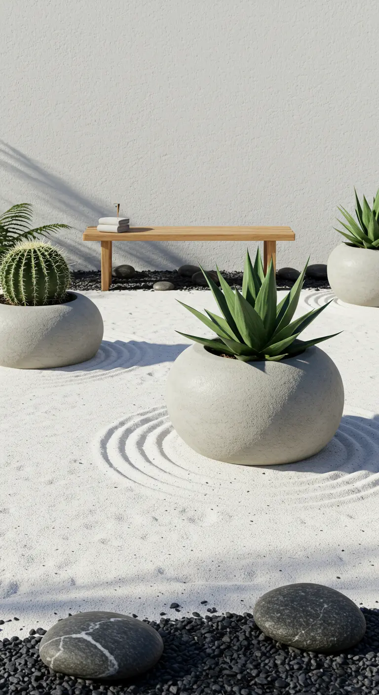 Jardin zen avec sable blanc ratissé, galets noirs, et pots ronds en béton gris contenant des agaves et cactus.