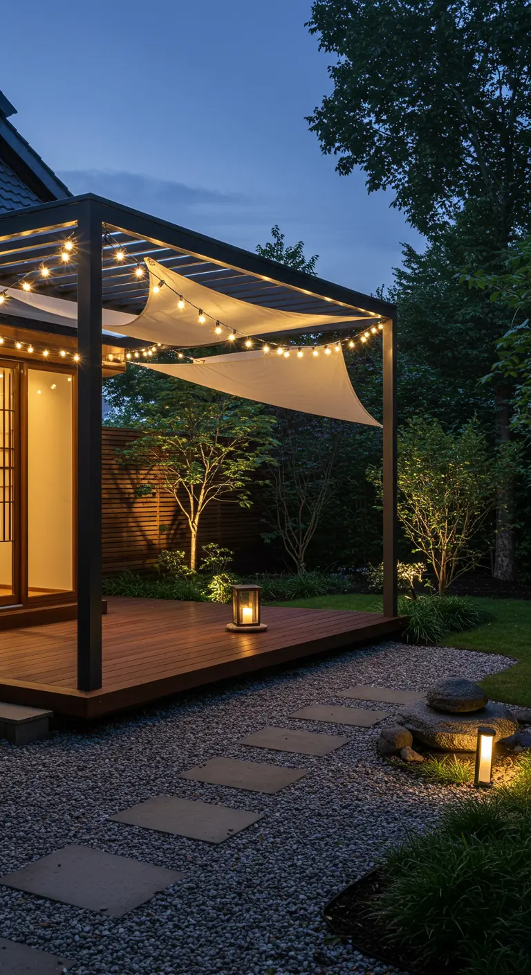 Pergola noire de style japonais avec voiles blanches et lumières dans un jardin zen.