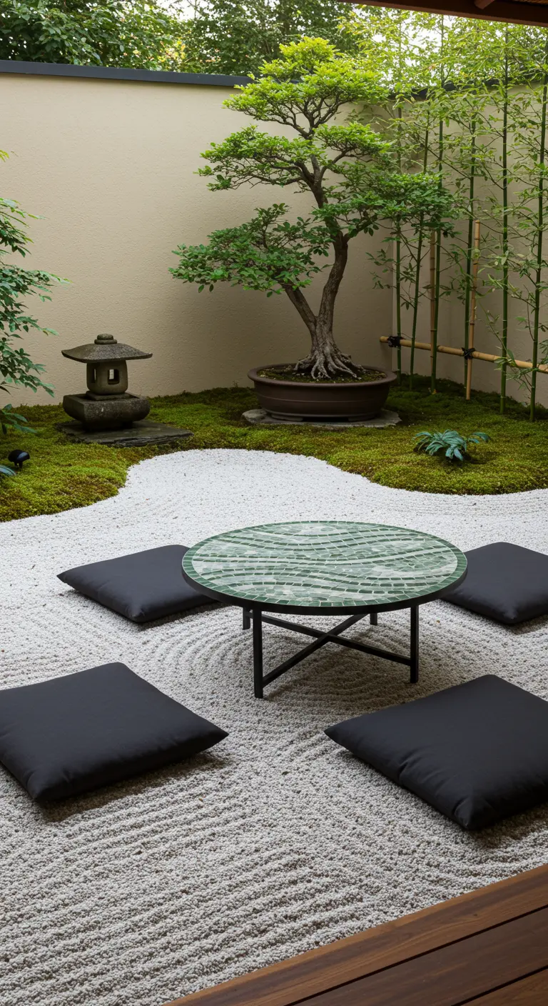 Table basse en mosaïque verte dans un jardin zen avec des coussins de sol.