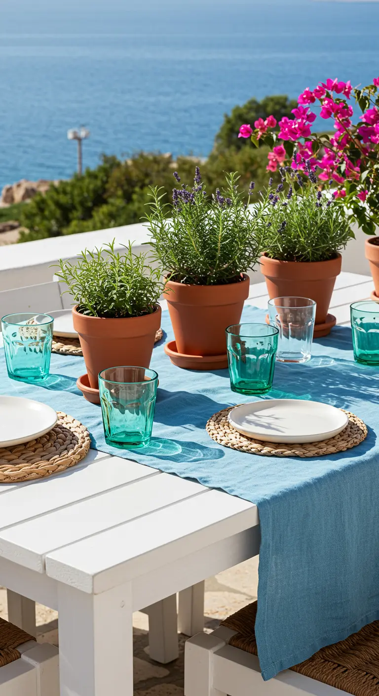 Table méditerranéenne avec chemin de table bleu, pots de romarin, verres turquoises et vue sur mer.