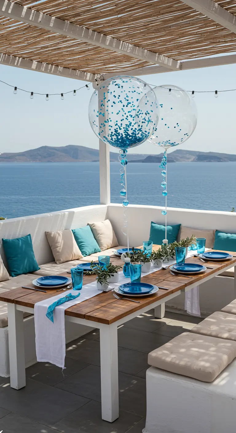 Terrasse avec vue sur mer, décorée en bleu et blanc, avec ballons à confettis.