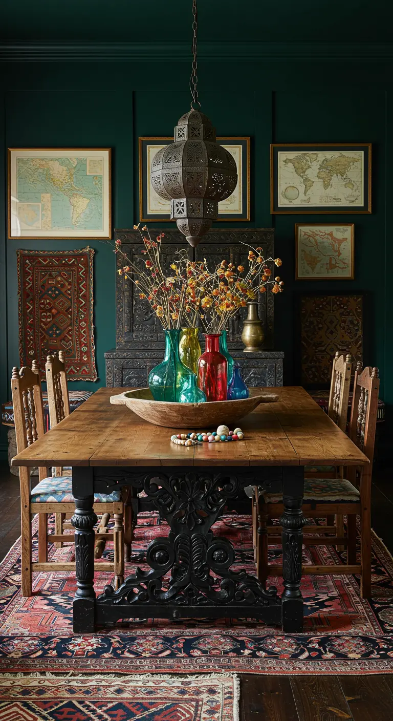 Salle à manger sombre aux murs vert forêt avec un centre de table de bouteilles colorées et de fleurs séchées.