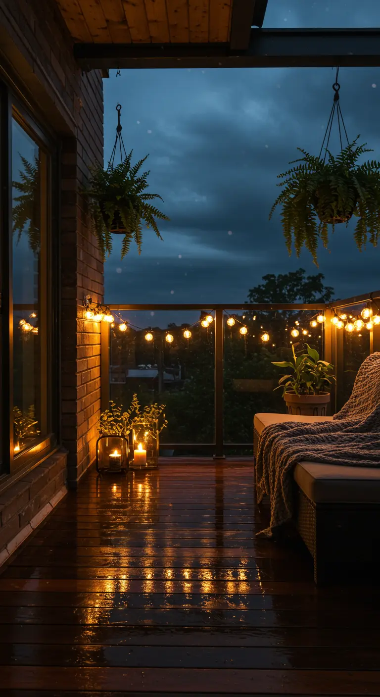 Balcon couvert un soir de pluie, avec reflets des lumières sur le sol mouillé.