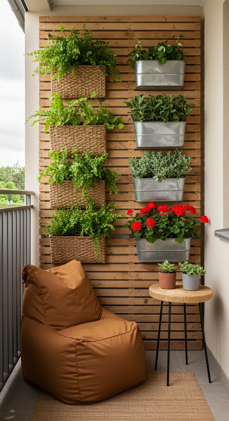 Mur en lattes de bois avec paniers en osier et bacs métalliques remplis de plantes vertes et géraniums.