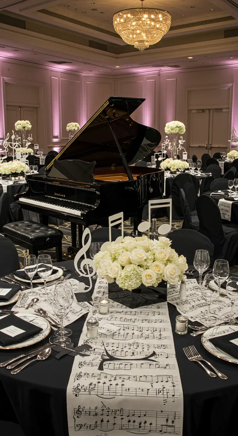 Table de réception sur le thème de la musique avec un piano à queue.
