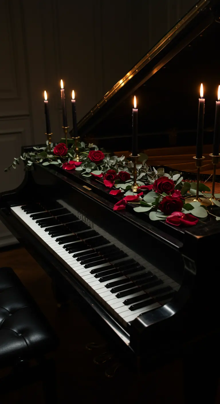 Piano à queue décoré d'eucalyptus, de roses rouges et de bougies noires.
