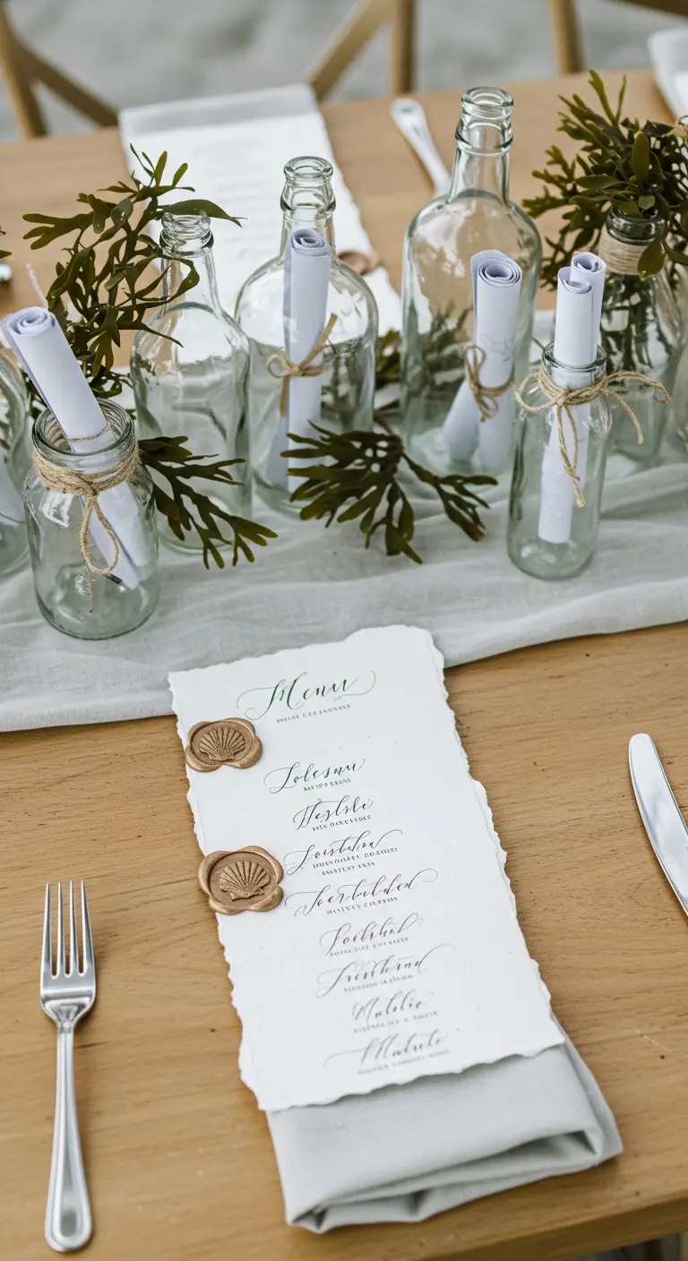 Menu calligraphié sur papier vieilli et scellé à la cire, posé sur une table en bois.