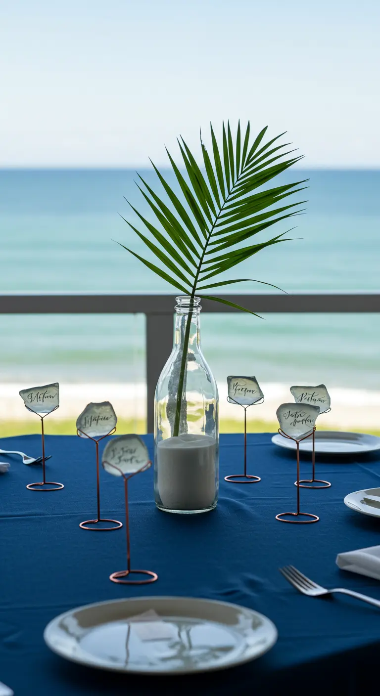 Table bleue face à la mer, feuille de palmier dans une bouteille, porte-noms en cuivre.