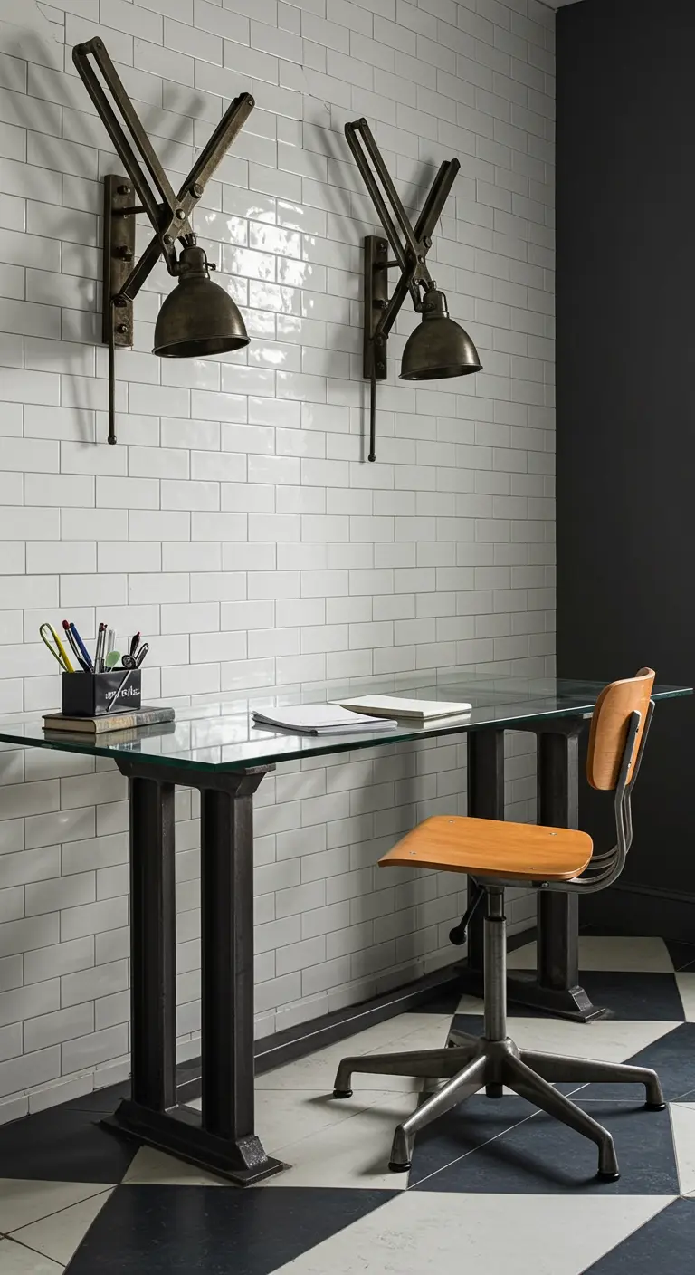 Bureau avec plateau en verre devant un mur de carrelage métro blanc, éclairé par des appliques ciseaux.