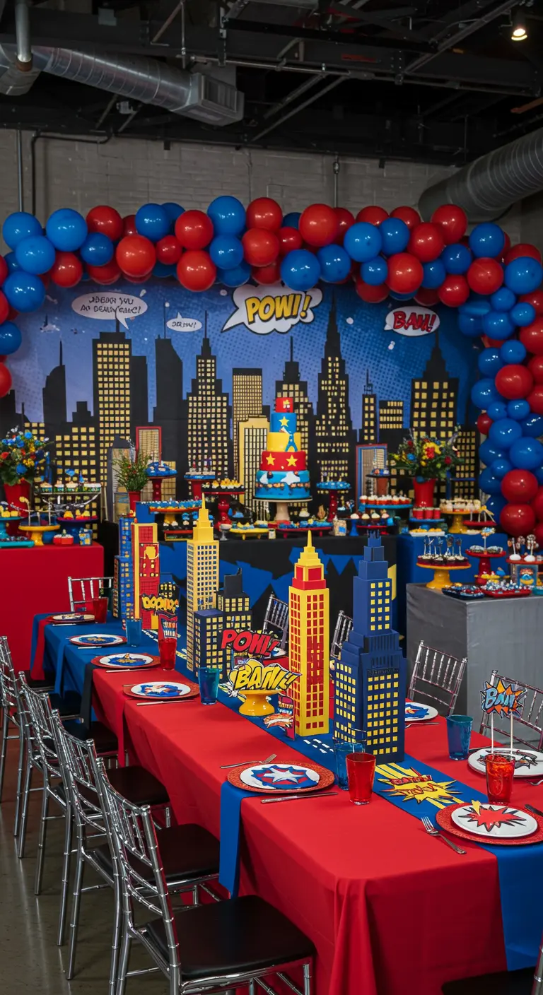 Table de fête super-héros avec nappe rouge et bleue, décor de ville et ballons colorés.