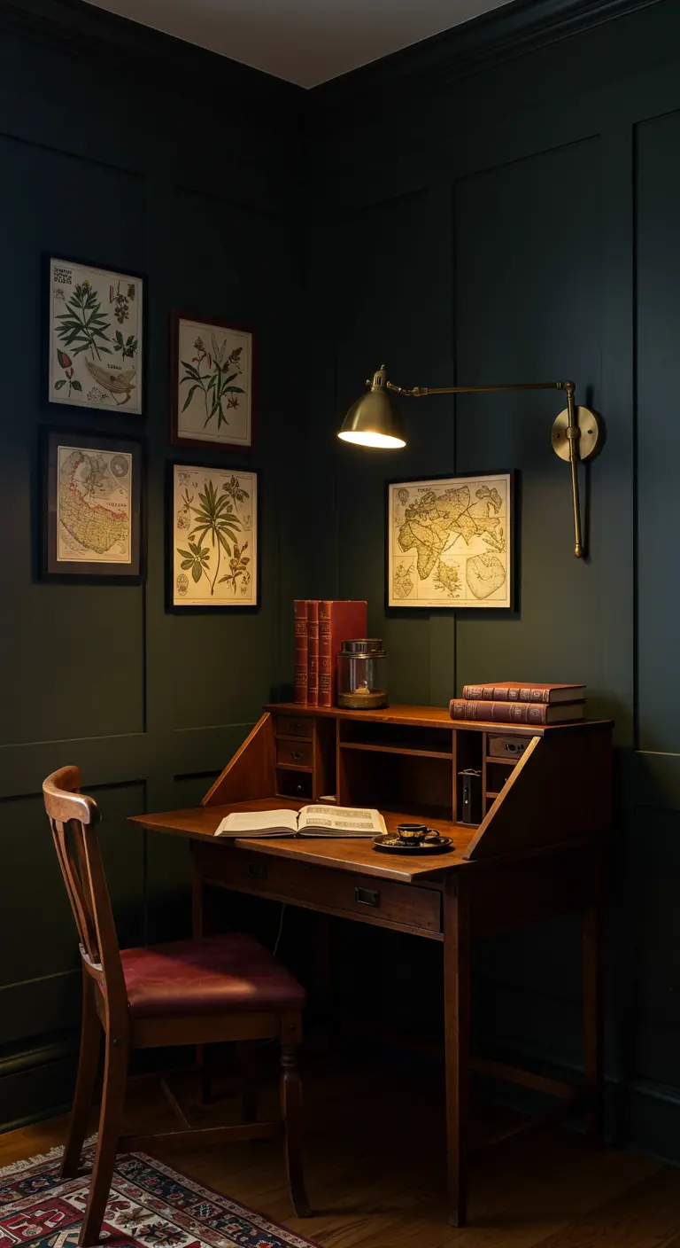 Bureau sombre et élégant avec un secrétaire vintage en bois, lampe murale et tableaux anciens
