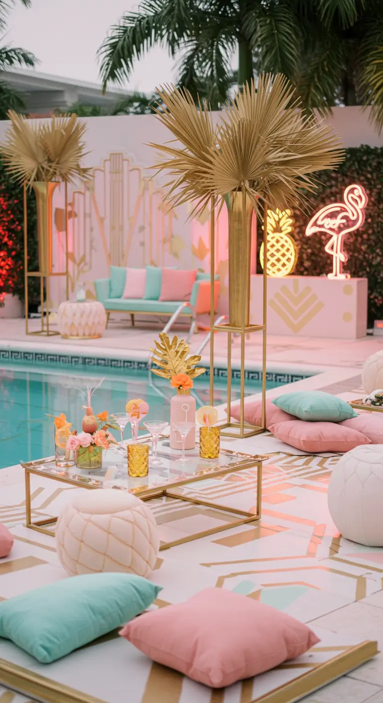 Fête glamour au bord d'une piscine avec des néons et des couleurs pastel.