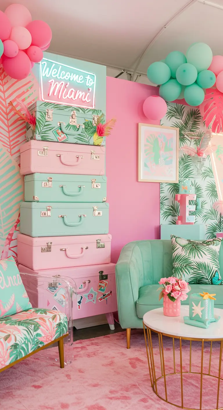 Décor rose et vert menthe avec une pile de valises pastel et un néon Miami.