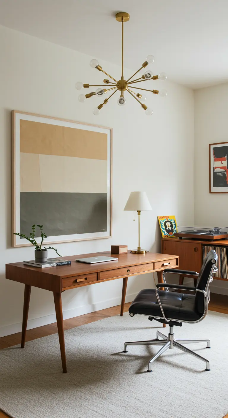 Bureau en teck de style Mid-Century avec chaise en cuir noir et lustre Sputnik.