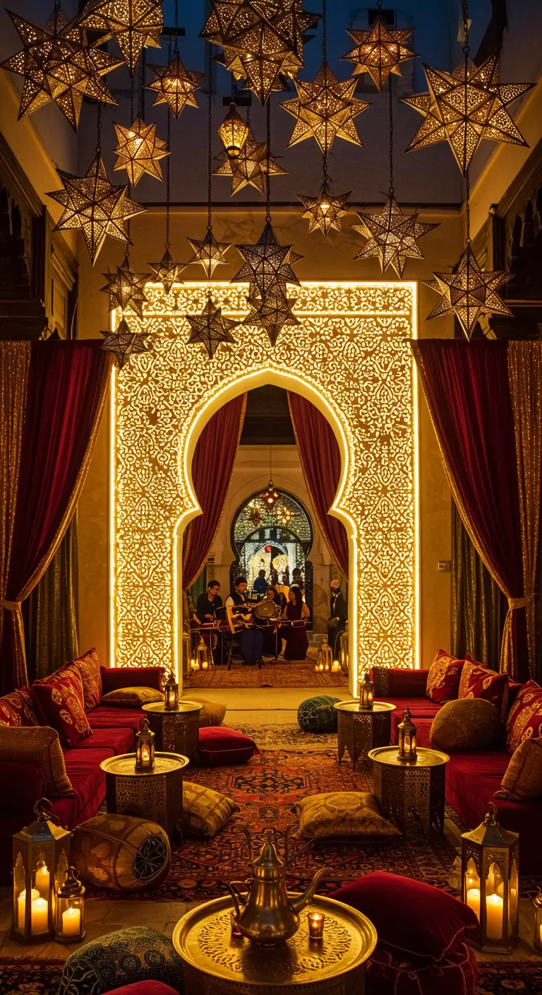Intérieur somptueux avec des étoiles lumineuses marocaines, des tapis et des coussins rouges.
