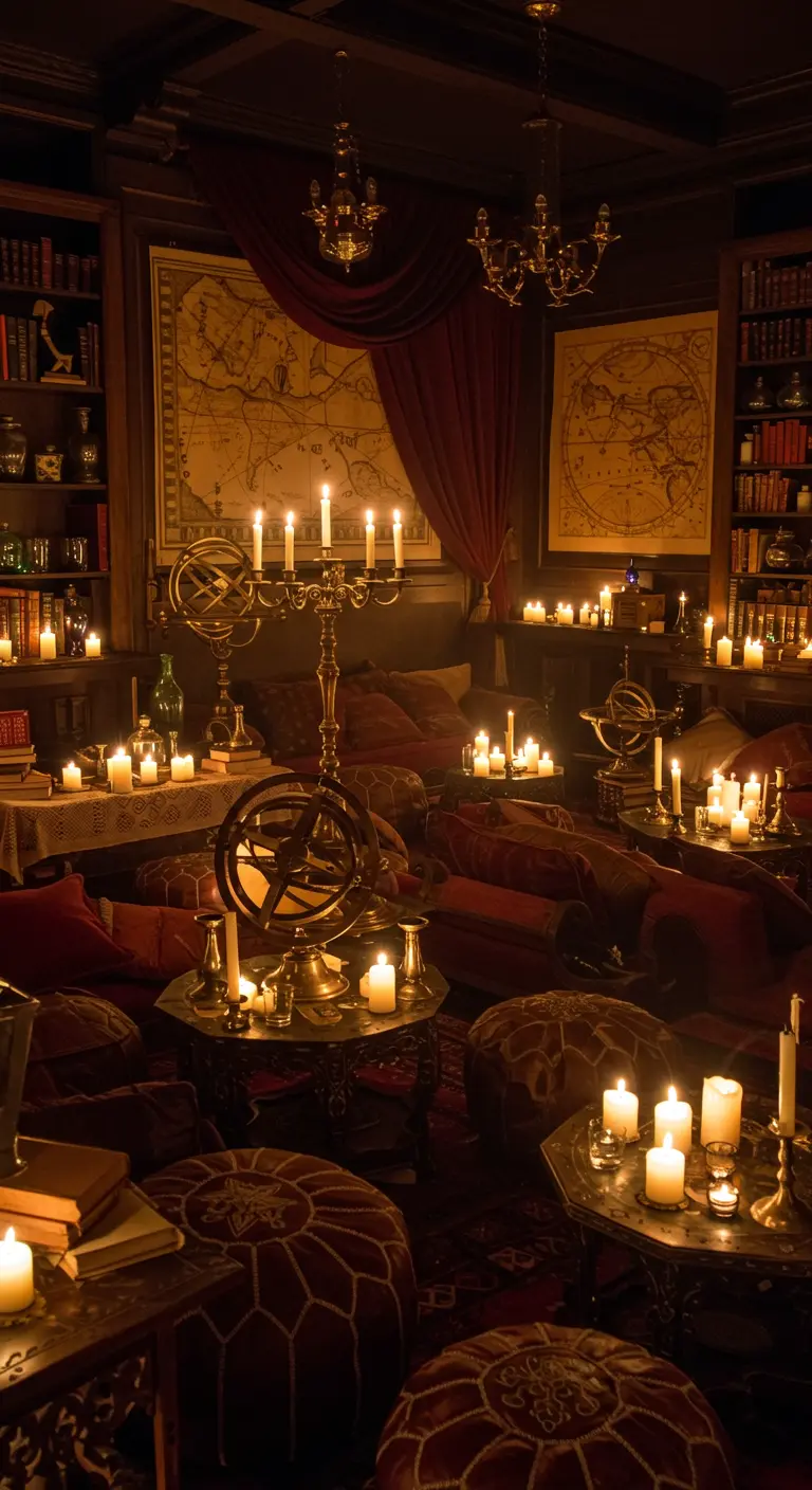 Pièce sombre et cosy éclairée par des dizaines de bougies de différentes tailles.