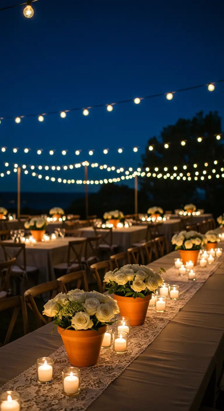Table de mariage de nuit, illuminée par des guirlandes et de nombreuses bougies.