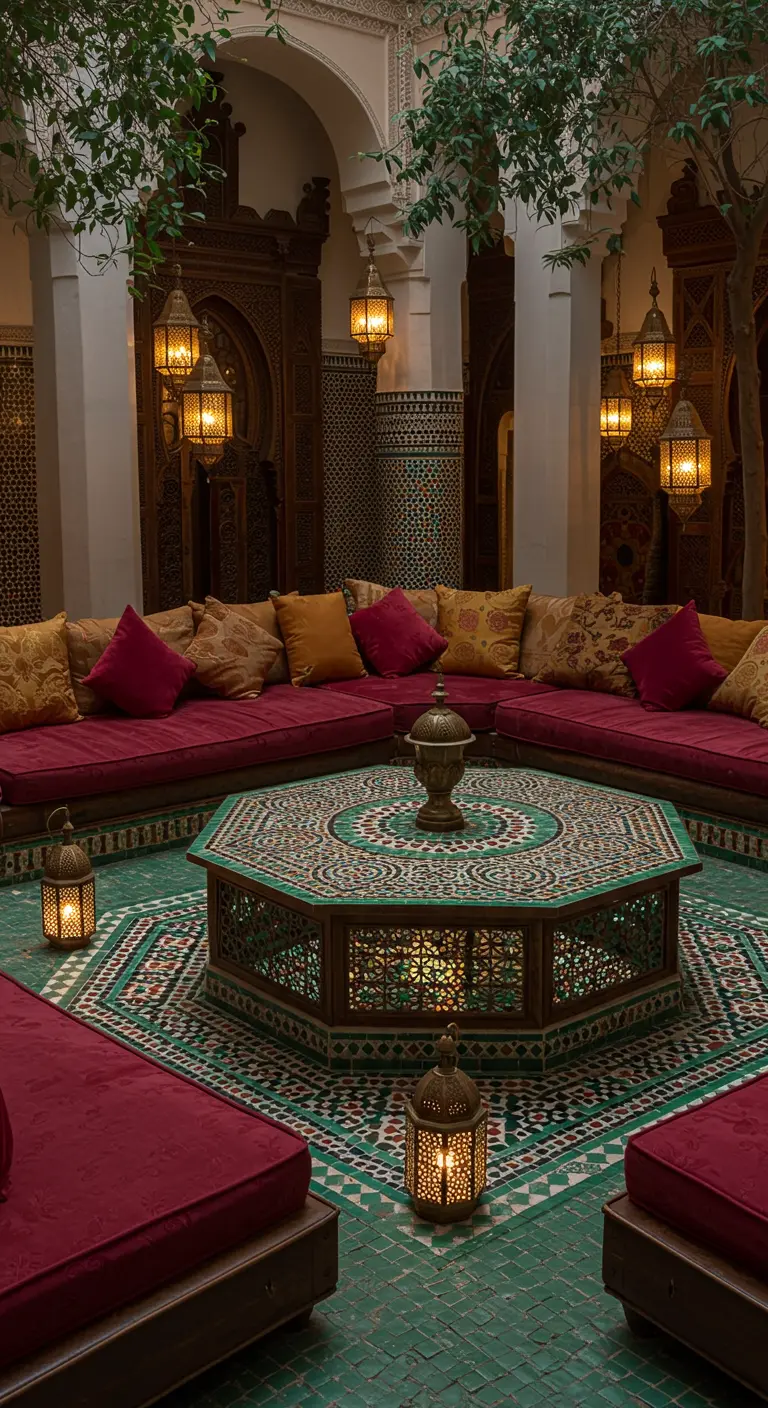 Table basse en mosaïque octogonale dans une cour marocaine avec des coussins rouges.