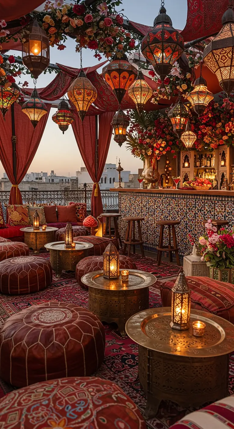 Rooftop oriental avec de nombreuses lanternes colorées, tissus rouges, poufs et bar à mosaïque.