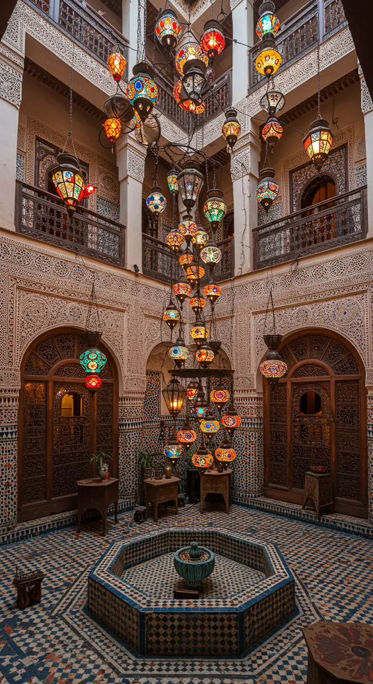 Cour intérieure d'un riad marocain avec une cascade de lanternes colorées.