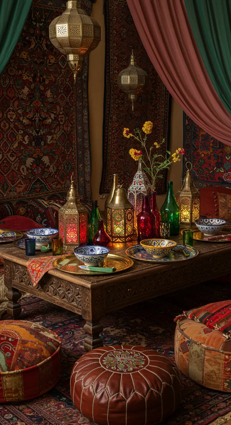 Table basse orientale entourée de coussins, avec de nombreuses lanternes et des bouquets de fleurs colorées.