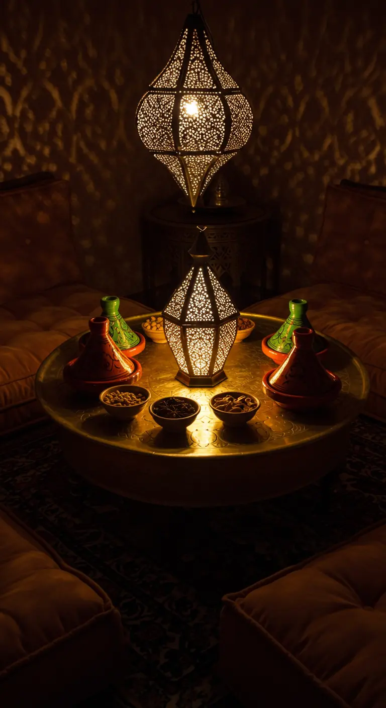 Lanternes marocaines en métal ciselé créant des ombres sur une table basse.