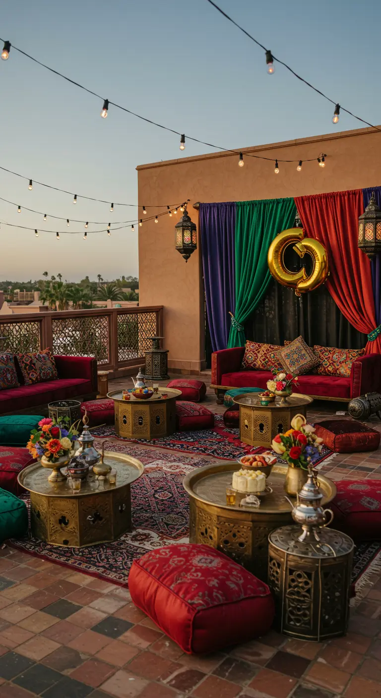 Terrasse marocaine avec rideaux colorés, lanternes et poufs à motifs.