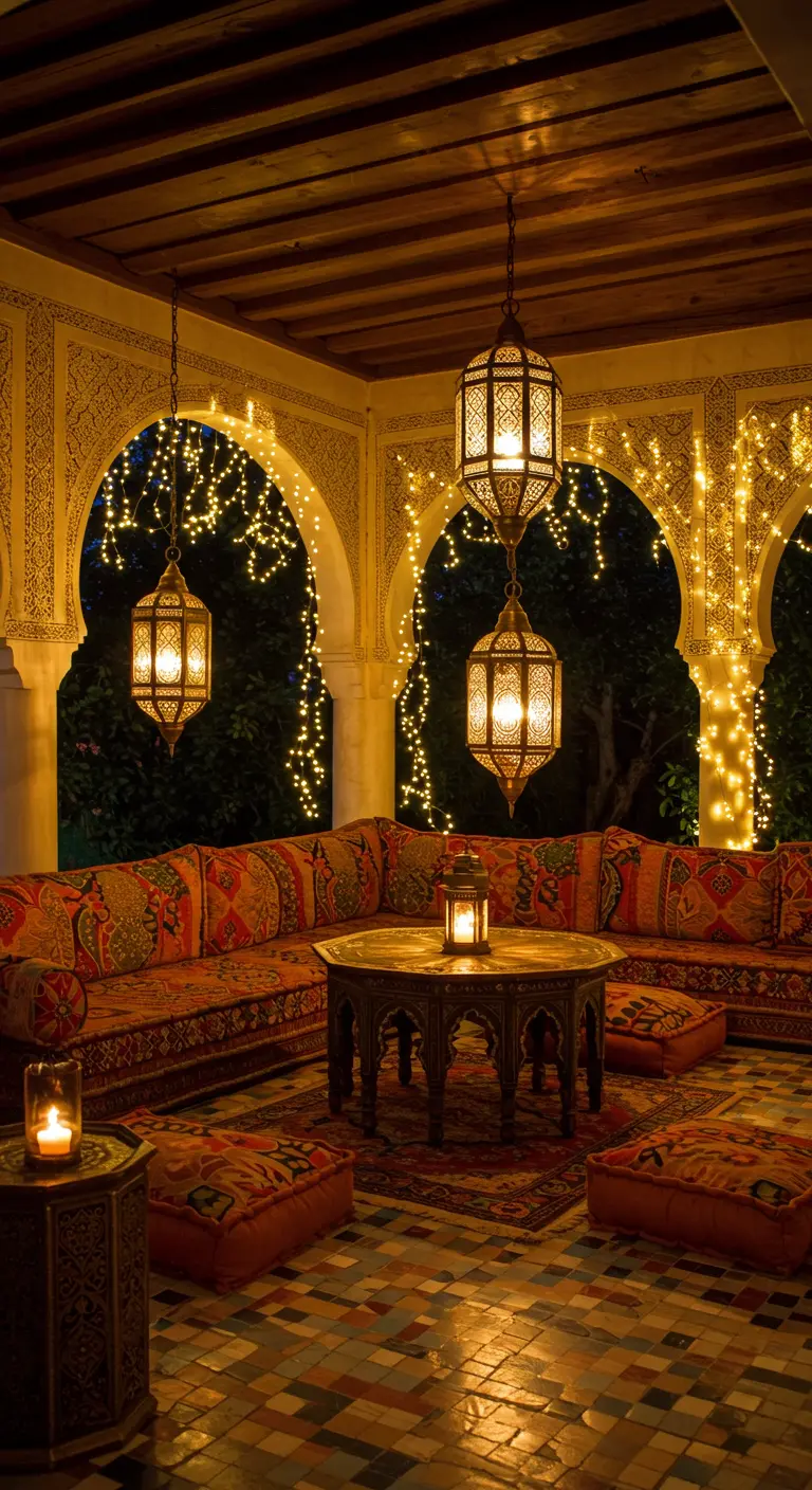 Patio marocain avec lanternes suspendues, guirlandes en cascade et banquettes colorées.