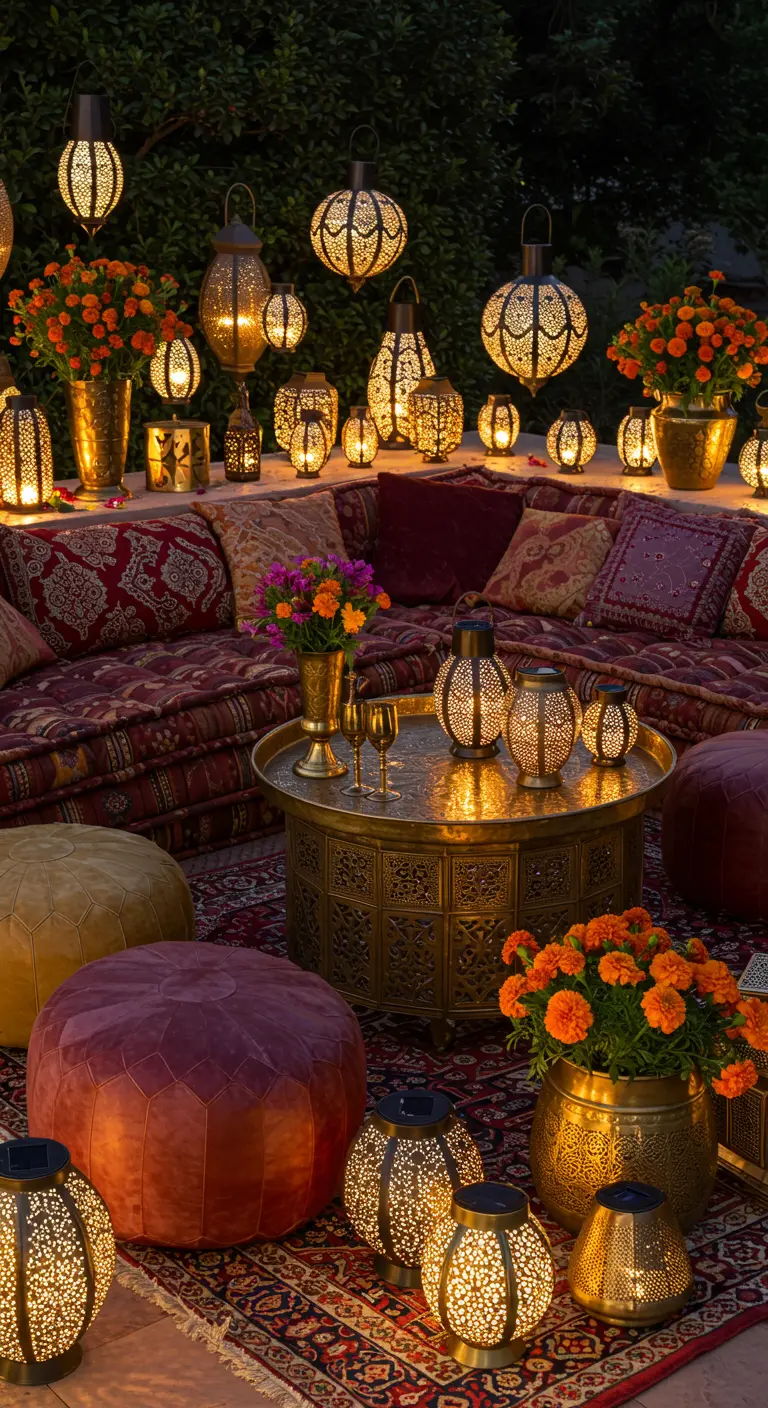 Lounge extérieur de style marocain avec de nombreux coussins, tapis et lanternes orientales allumées.