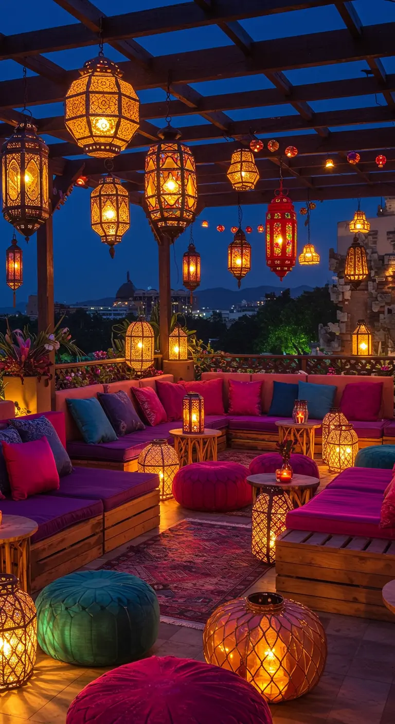 Terrasse marocaine de nuit, remplie de lanternes colorées et de coussins violets et bleus.