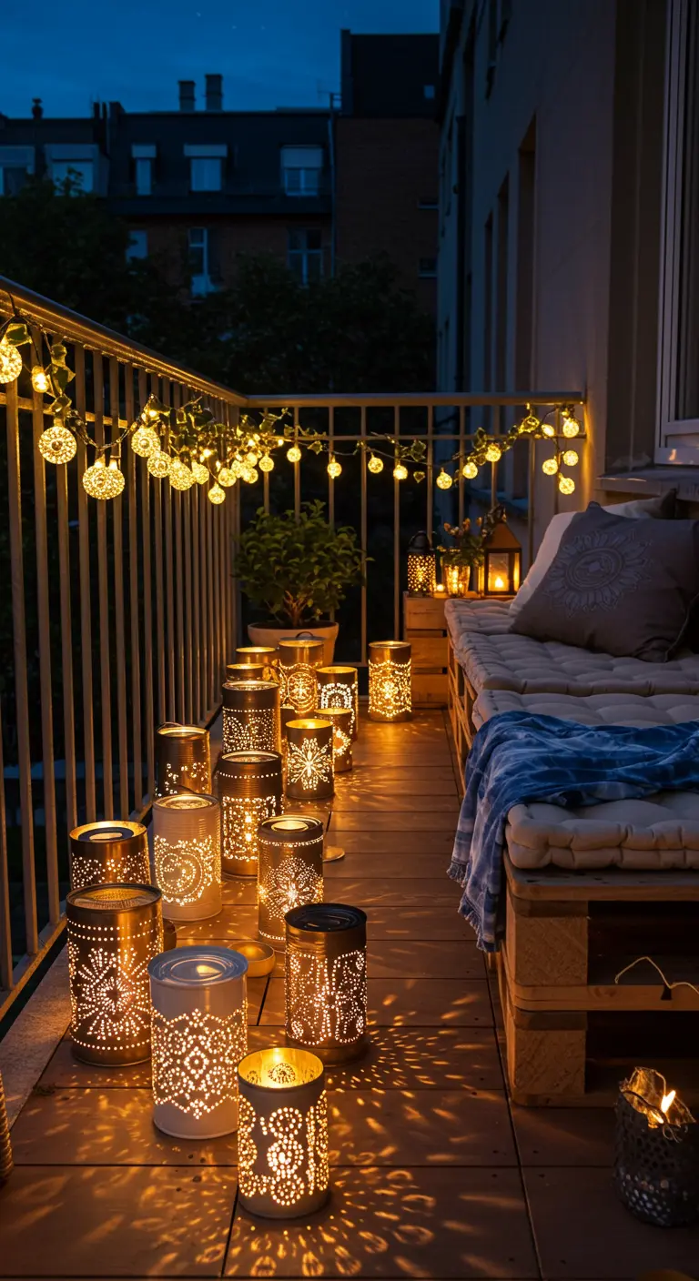 Balcon de nuit illuminé par de nombreuses lanternes et une guirlande.