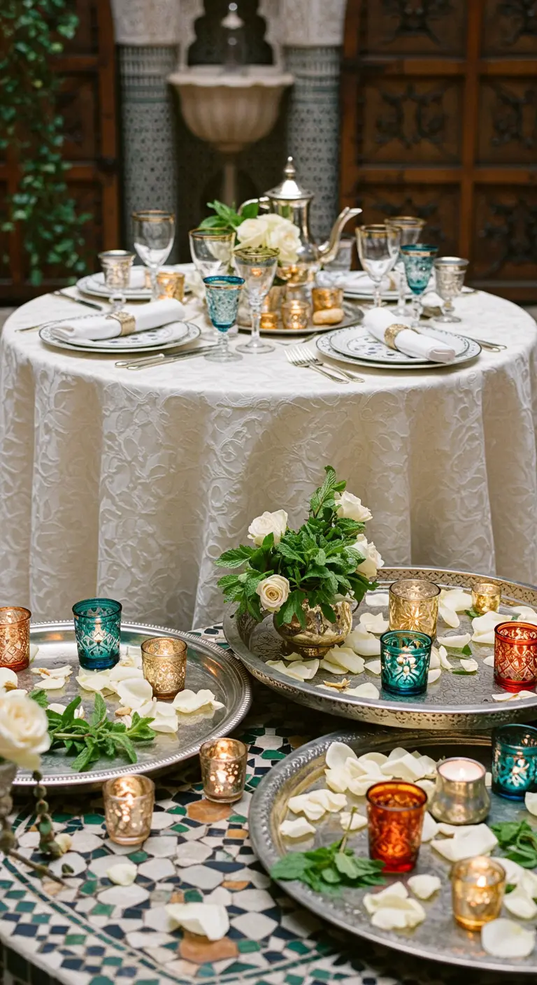 Décor de table marocain avec plateaux en argent, photophores colorés et pétales de rose.