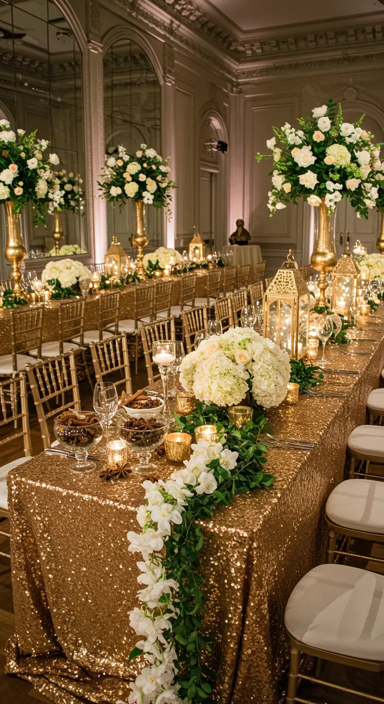 Table de mariage avec nappe à sequins dorés et grandes compositions florales blanches.
