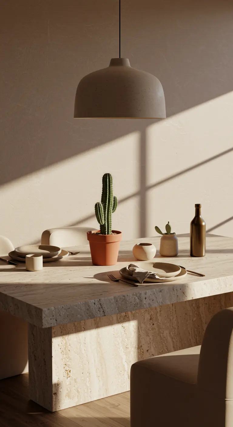 Table en travertin baignée de soleil avec un cactus comme unique centre de table.