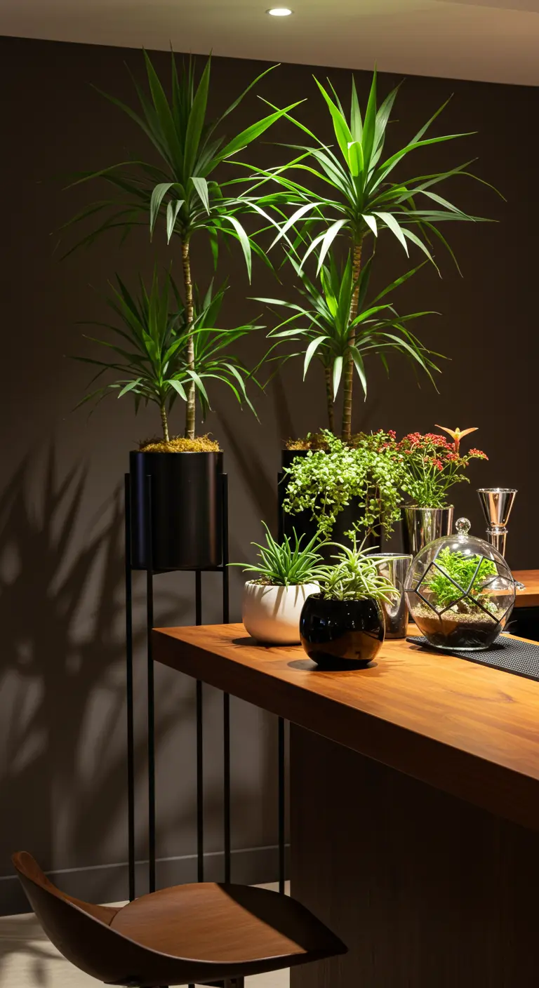 Coin bar en bois avec Dracaena, petites plantes et terrarium.