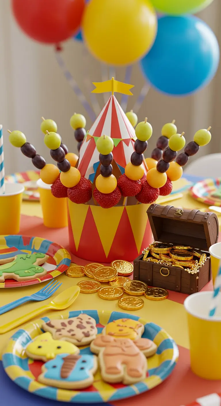 Table d'anniversaire thème cirque avec brochettes de fruits, biscuits animaux et pièces en chocolat.